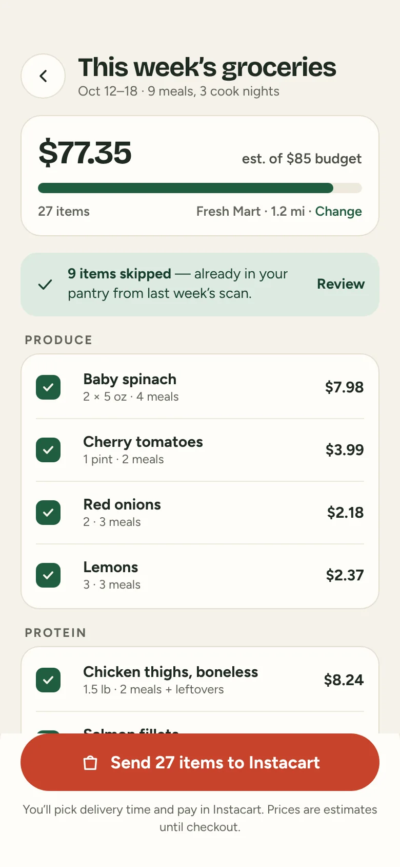 Grocery cart grouped by aisle with a Send to Instacart button.