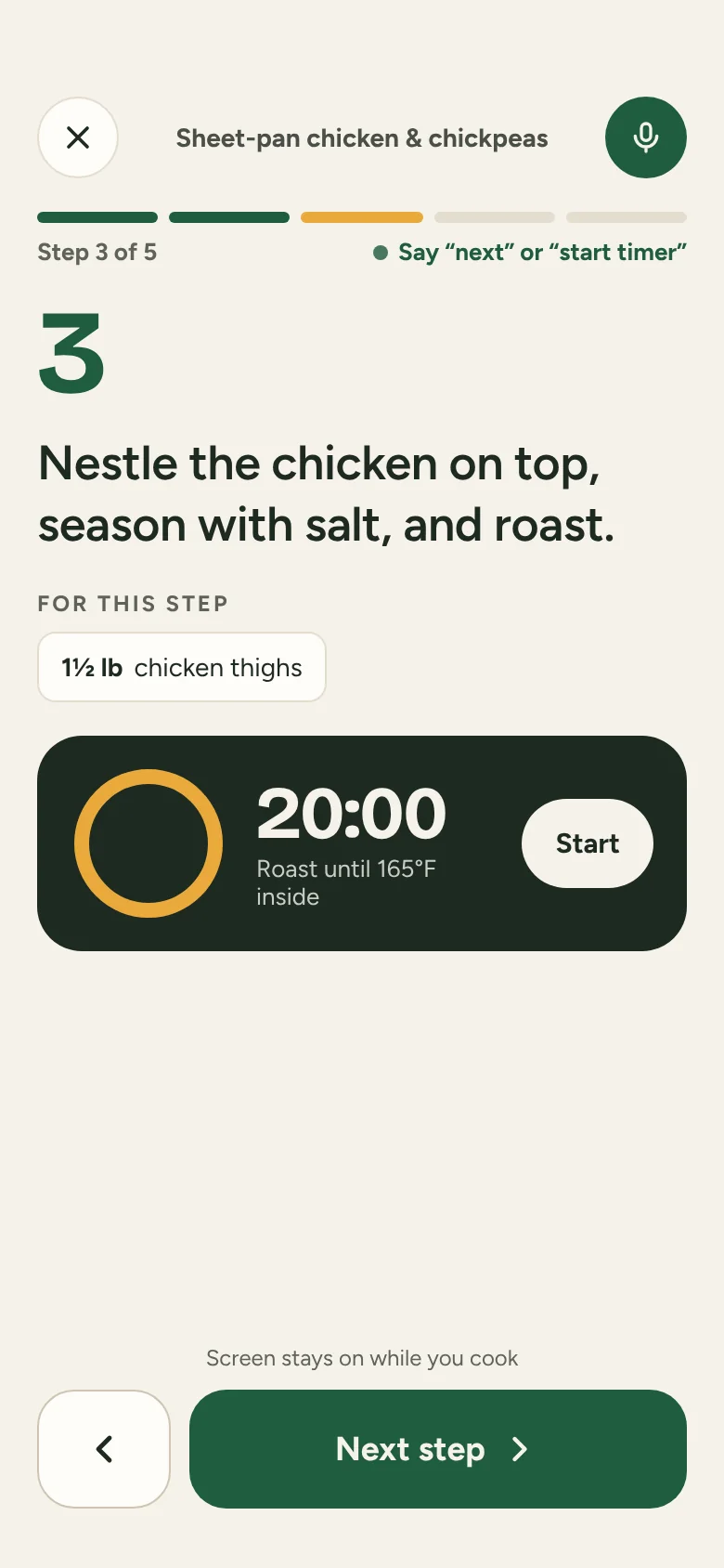 Cooking mode showing step 3 with a 20 minute timer.