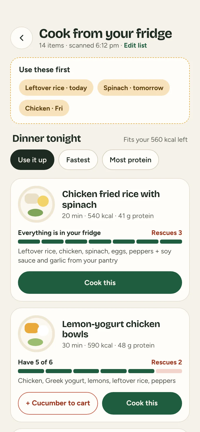 Three dinner ideas built from the fridge contents.