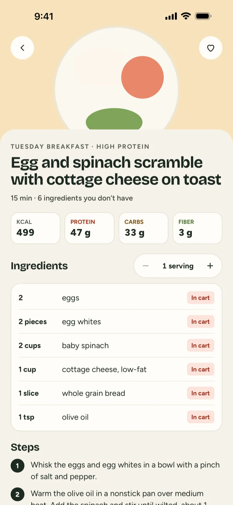 Recipe for an egg and spinach scramble with cottage cheese on toast, with nutrition and a servings control.