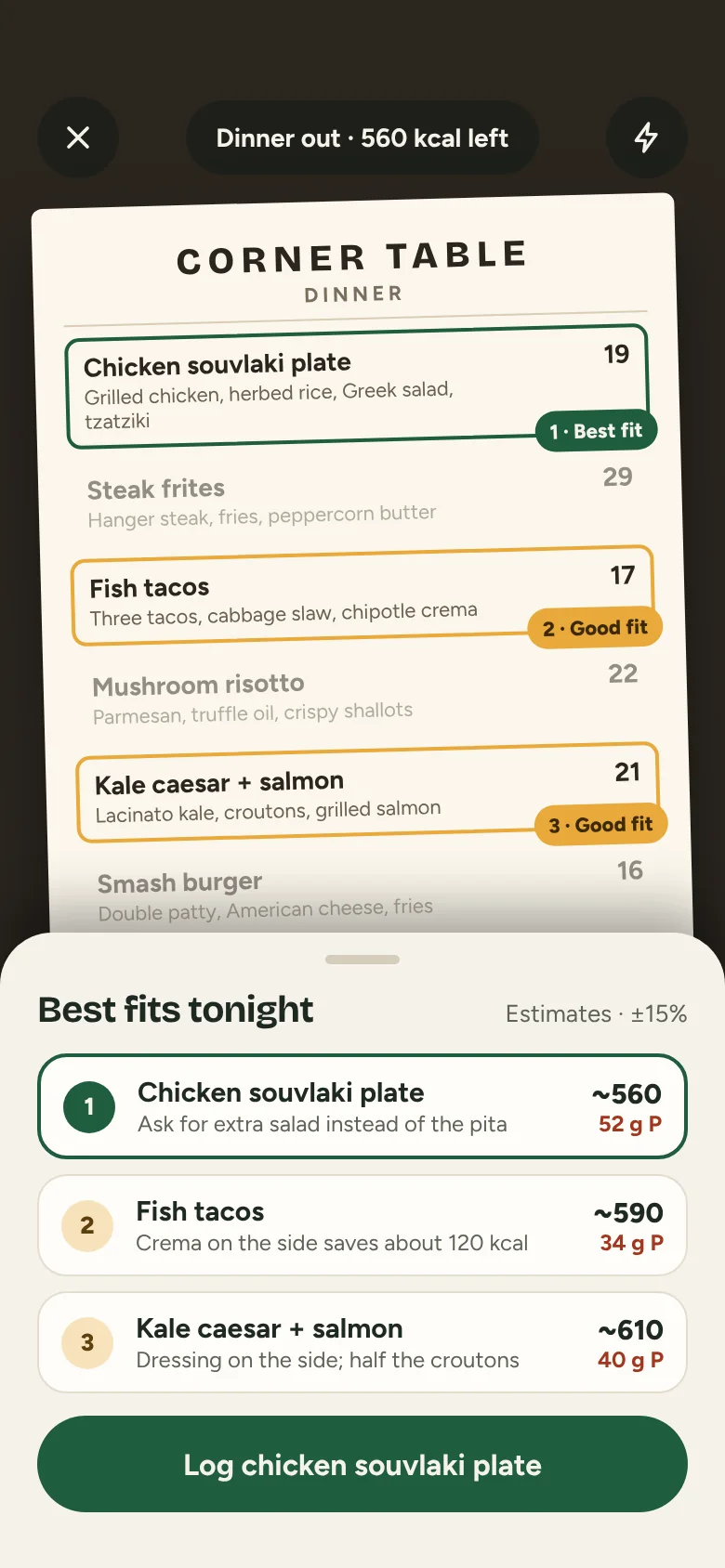 Restaurant menu with the three best-fitting dishes highlighted.
