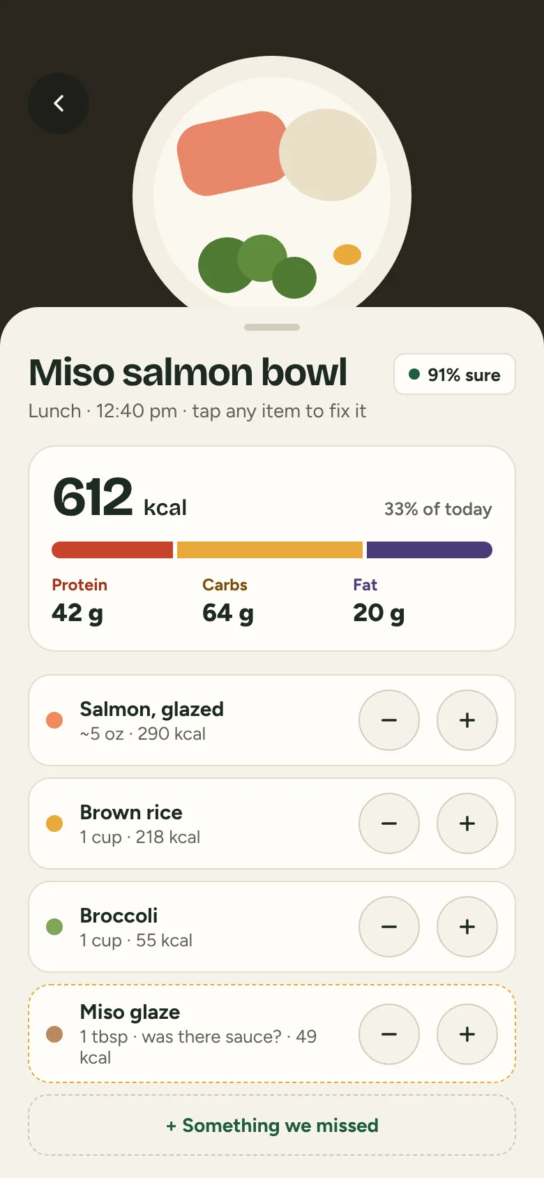 PlateWay scan result: a miso salmon bowl broken into salmon, brown rice, broccoli and miso glaze, 612 calories.