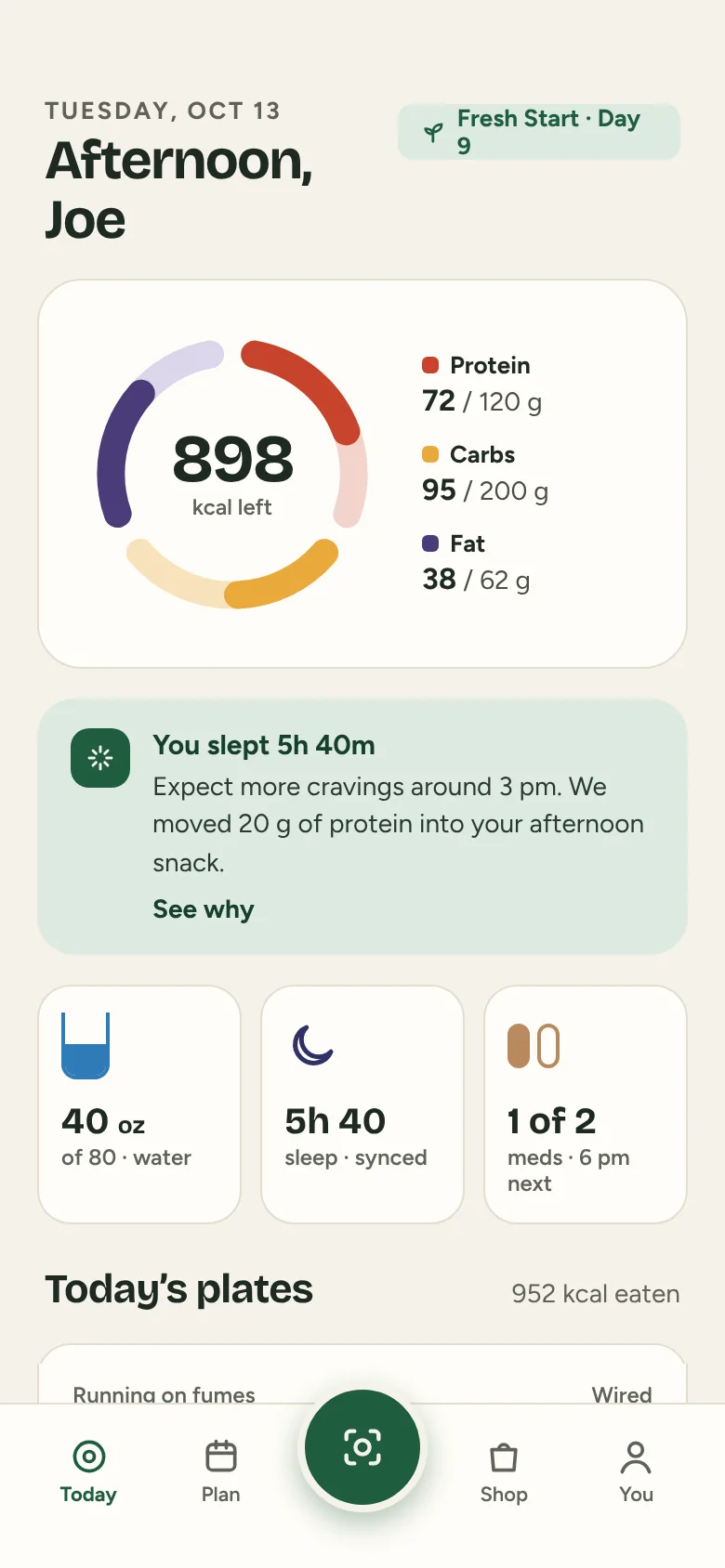 PlateWay Today screen: a plate ring showing 898 calories left with protein, carbs and fat progress, plus water, sleep and meds tiles.