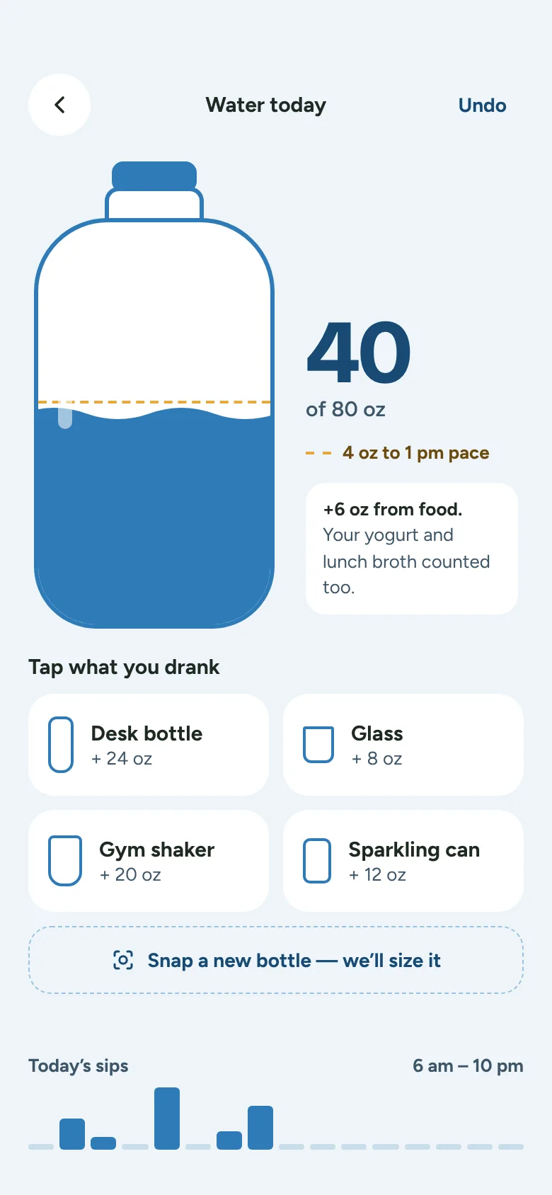 Water screen with a bottle filling to 40 of 80 ounces and buttons for each of your bottles.